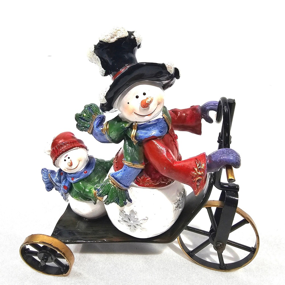 Vintage Snowman Family on Tricycle Figurine Christmas Holiday Decor Resin Metal